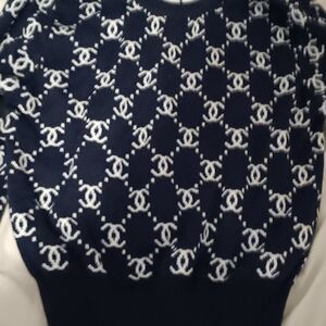 CHANEL Navy and White CC Monogram Knit Sweater